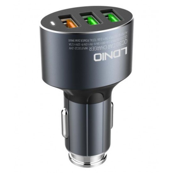 LDNIO C703Q 36W 3 in 1 Intelligent CAR CHARGER QC 3.0 3 AUTO-ID USB Design & Metal Ring & Cable