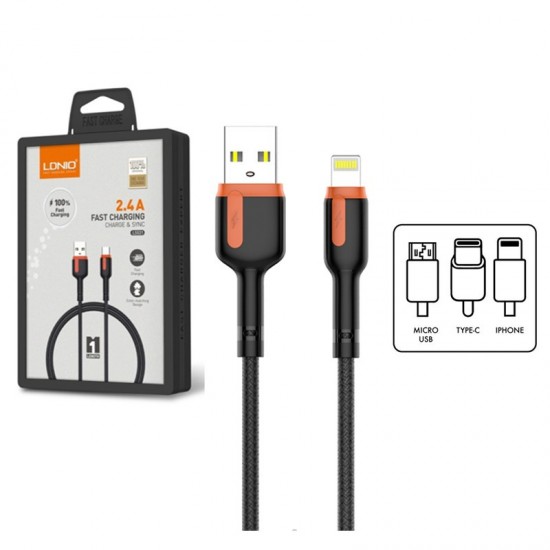 LDNIO LS532 a/i/m 2m 2.4A Fast Charging Charge & Sync Braided Cable
