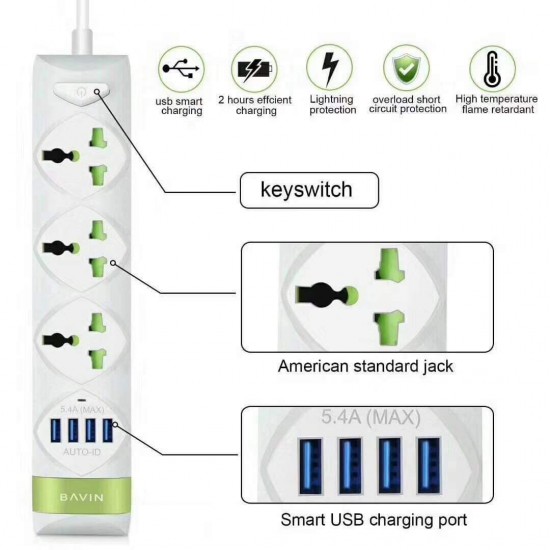 BAVIN PC 589 4USB 5.4A Max 30W & 3 Anti Static Power Socket 2500W 10A (Max) EU
