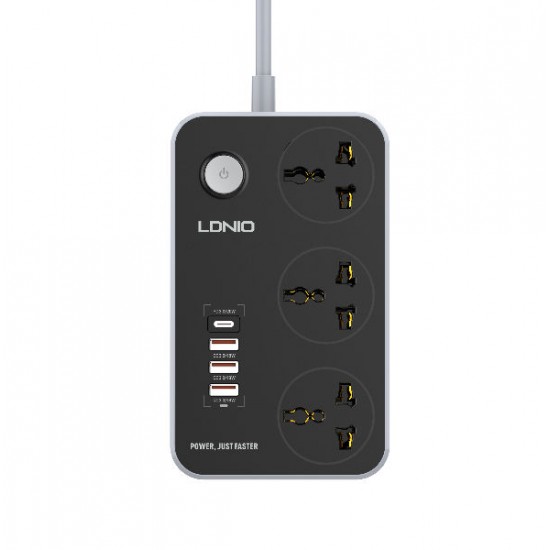 LDNIO SC3412 3 Socket 4USB 10A Max 38W (USB-C Output PD3.0 20W Max + USB-A QC3.0 18W Max) with Rated Power 2500W Output Max