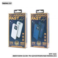 REMAX RPP-500 Cabled Power Bank PD+QC 20W+22.5W with Digital Display 10000mAh 3 OUTPUTS & 2 INPUTS REMAX RPP-500 Cabled Power Bank PD+QC 20W+22.5W with Digital Display 10000mAh 3 OUTPUTS & 2 INPUTS