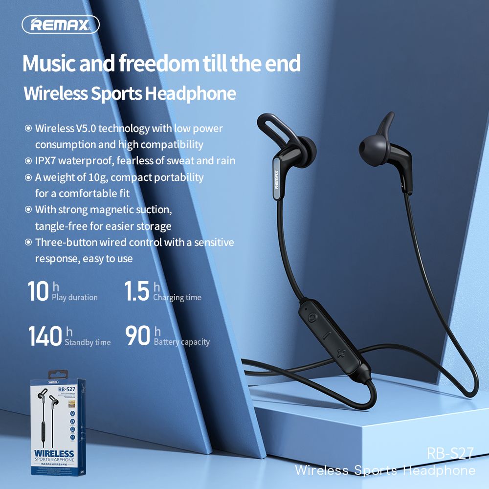 Remax RB-S27 Bluetooth Wireless Waterproof IPX7 Neckband Sports Earphone
